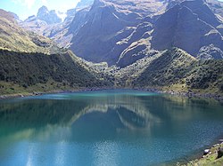 Lake Usphaqucha with the volcano Ampay in the Ampay National Sanctuary