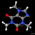 A shaded rendering of caffeine, with some measurements shown (distance, angle, dihedral)