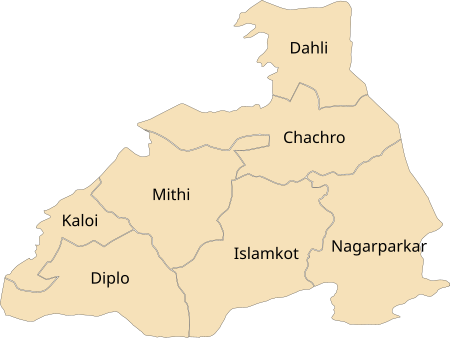 Map of Tharparkar District with its administrative divisions.