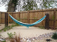 Nylon hammock, residential backyard