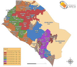 Áreas incorporadas destacadas no mapa do condado