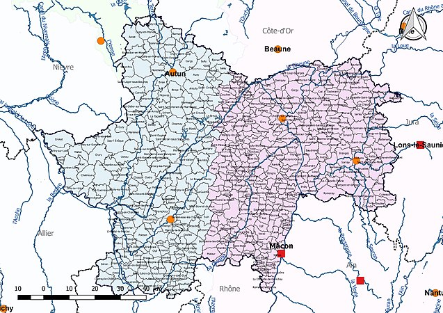 La Saône-et-Loire est découpée en deux bassins DCE : Loire-Bretagne et Rhône-Méditerranée.