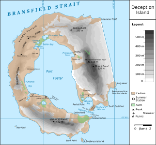 Karte von Deception Island mit dem Stonethrow Ridge (links)