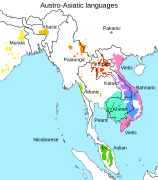 Aire de diffusion des langues môniques au sein des langues austroasiatiques.