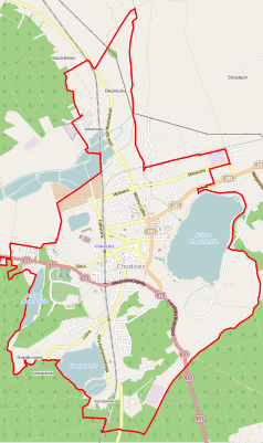 Mapa konturowa Chodzieży, blisko centrum na dole znajduje się punkt z opisem „Zbór Kościoła Zielonoświątkowego w Chodzieży”