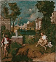 Oil painting. A mysterious landscape with Classical ruins. A man stands to the left, and to the right a nude woman feeds a baby