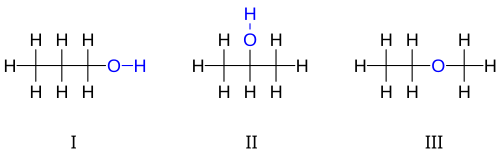 Structural isomers of C 3H 8O: I 1-propanol, II 2-propanol, III ethyl-methyl-ether.