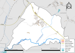 Carte en couleur présentant le réseau hydrographique de la commune