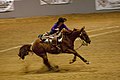 A rider on horseback races down the arena and dismounts, often while the horse is still moving