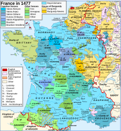 Map of France in 1477, showing the Duchy of Bar in "Valois-Anjou" colours