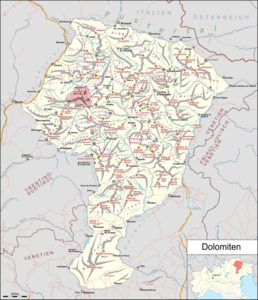 Langkofelgruppe in Rot auf der Karte der Dolomiten