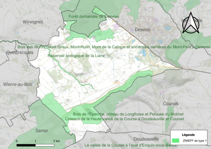 Carte des ZNIEFF de type 1 sur la commune.