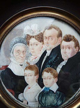 Rechtsachter Adrianus van Bergen en linksachter zijn vrouw Hendrika (Henrikje) Westerveld, in het midden achter hun dochter Maria van Bergen en haar echtgenoot Nicolaas IJzendoorn, vooraan de kleinkinderen Henrietta Maria en Albertus Adrianus