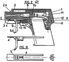 Пистолет «Збройовка Прага Модель 21» (Zbrojovka Praga Model 21). Бескурковая система Вацлава Холека. Чертеж патента: 8 — рычаг шептала, 11 — ударник, 12 — шептало, 14 — спусковой механизм.