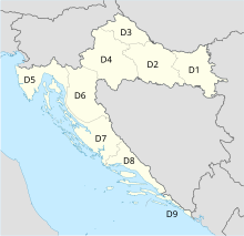 Map of Croatia with digital TV regions