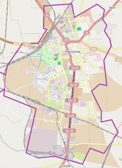 Mapa konturowa Inowrocławia, u góry znajduje się punkt z opisem „Irena Holding Group Sp. z o.o.”