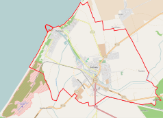 Mapa konturowa Darłowa, u góry nieco na lewo znajduje się punkt z opisem „Parafia pw. św. Maksymiliana Marii Kolbego w Darłówku”