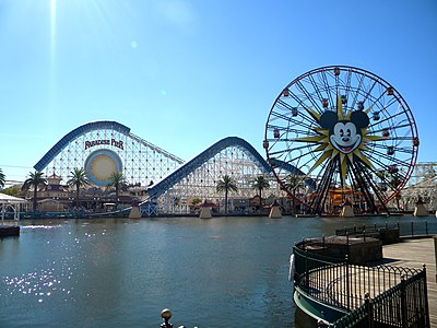 Disney California Adventure's Pixar Pal-A-Round, an eccentric wheel modelled on Wonder Wheel, was built in 2001 as Sun Wheel and became Mickey's Fun Wheel in 2009 and currently Pixar Pal-A-Round in 2018[178]