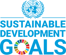 Logo for the United Nations Sustainable Development Goals with the UN symbol above the words "Sustainable Development Goals". The "O" in goals being a rainbow of colours