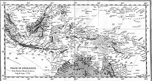 Map:A line runs from the Great Barrier Reef northward to Endeavour River and Cape York, then northwest through Torres Strait to the southern coastline of New Guinea. The line then heads west-southwest to Timor, westward parallel to but south of Java to Christmas Island, and northwest to Batavia.