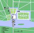 ผังวังแสดงให้เห็นตัววัง (5) แกลเลอรีบนสะพานข้ามแม่น้ำแชร์ (6) และสวน (3)