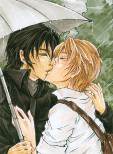 Dessin couleur de style manga, où deux jeunes hommes s'embrassent sous un parapluie.