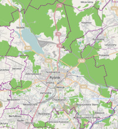 Mapa konturowa Rybnika, blisko dolnej krawiędzi po prawej znajduje się punkt z opisem „Lasy Judasza”