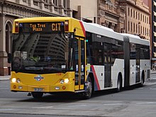 Photo of yellow and white articulated bus