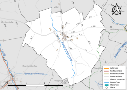 Carte en couleur présentant le réseau hydrographique de la commune