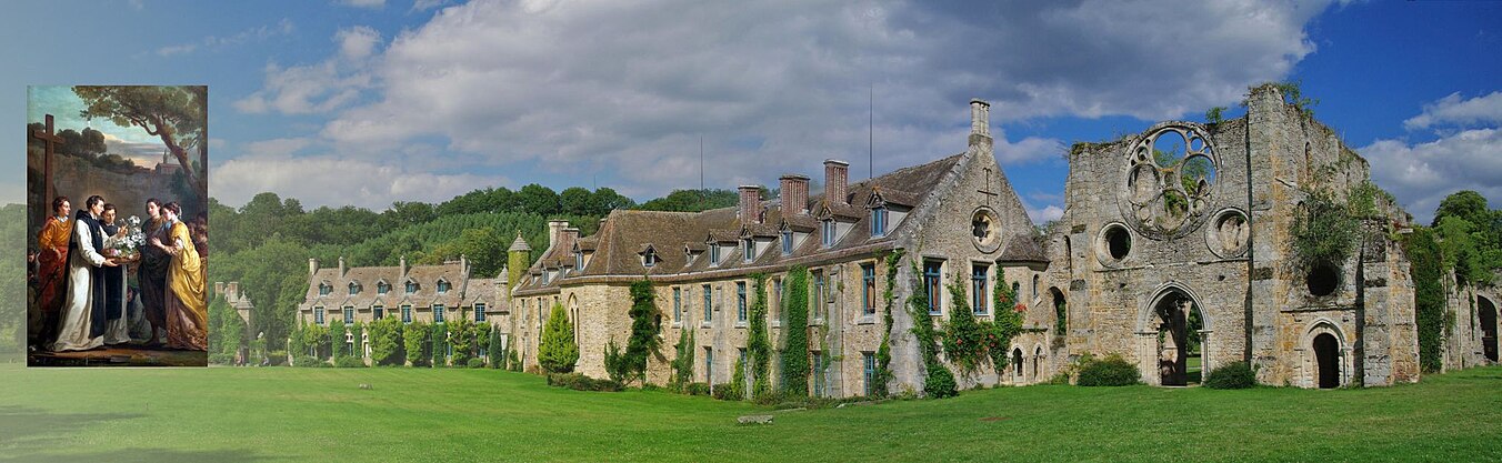 (1) Abbaye des Vaux-de-Cernay. (2) L'abbé Thibaut offrant une gerbe de 13 lys au roi Louis IX (Saint Louis) et à son épouse Marguerite de Provence anticipant la naissance des 11 enfants de la reine. L'original du tableau est à Versailles  Joseph-Marie Vien,1716-1809.