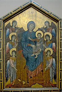 La Vierge et l'Enfant en majesté entourés de six anges, Cimabue 1275 / 1300. 4,27 m x 2,80 m m cadre d’origine, probablement autel de l'église San Francesco de Pise. Louvre