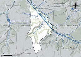 Carte en couleur présentant le réseau hydrographique de la commune