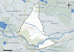 Carte en couleur présentant le réseau hydrographique de la commune