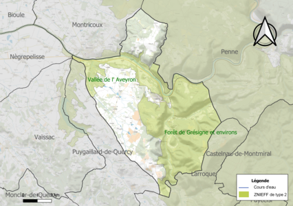 Carte des ZNIEFF de type 2 sur la commune.