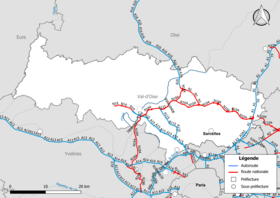 Carte du réseau routier national (autoroutes et routes nationales) dans le département du Val-d'Oise