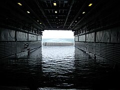 Stern of USS Juneau ballasted for amphibious operations