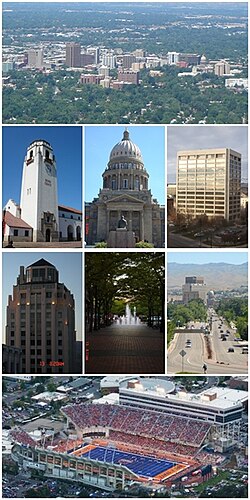 Dari kiri ke kanan: latar Boise, Depoh Kereta Api, Idaho State Capitol, One Capitol Center, bangunan Hoff, Grove Fountain, Capitol Blvd. dan stadium Broncos.