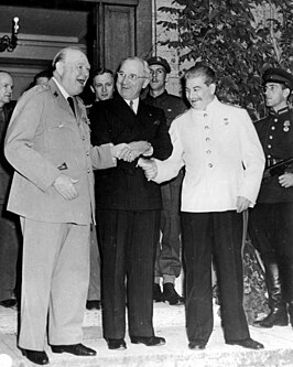 V.l.n.r.: Winston Churchill, Harry S. Truman en Jozef Stalin.