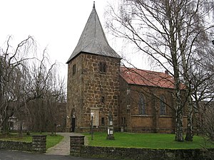 Het dorpskerkje van Volmerdingsen (oorspronkelijk bouwjaar 1320; in 1877 gesloopt en herbouwd)