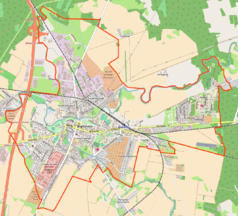 Mapa konturowa Międzyrzecza, po lewej nieco na dole znajduje się punkt z opisem „Parafia pw. Pierwszych Męczenników Polski w Międzyrzeczu”