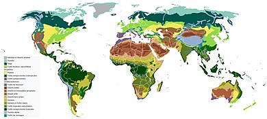 Planisphère légendé en couleur représentant 18 biomes.