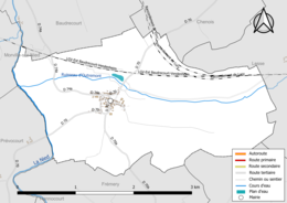 Carte en couleur présentant le réseau hydrographique de la commune