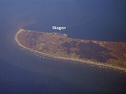 Aerial view of the Skagen Odde peninsula in the far north of Jylland, from the southwest of Skagen