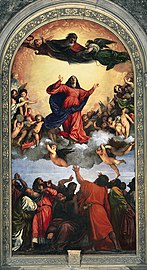 Assumption de Titian (1516–18). Figurile lui Dumnezeu, Fecioara Maria și a doi apostoli sunt evidențiate de costumele lor roșii vermilion.