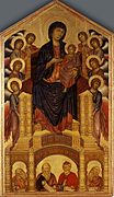 Vierge en Majesté de Santa Trìnita, Florence. Cimabue, 1290-1300[15]. Tempera et or sur bois. H. 3,85 m. Galerie des Offices