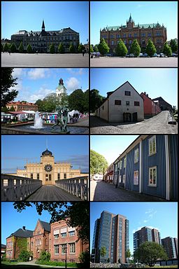 Stadshotellet, sparbanken, torget, fästningen, kallbadhuset, Norra Vallgatan, stadshuset och Söderhöjd i Varberg.