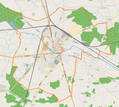 Mapa konturowa Łukowa, u góry znajduje się punkt z opisem „Łuków”