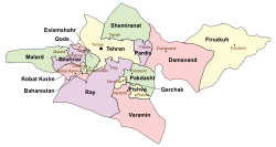 Location of Pishva County in Tehran province (center right, yellow)