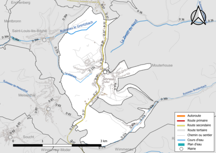 Carte en couleur présentant le réseau hydrographique de la commune