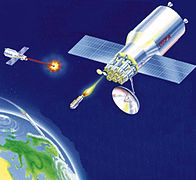 Laser militar da União Soviética em órbita (provavelmente um desenho especulativo da USAF).